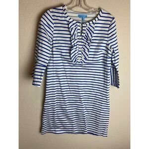 Draper James Womens Sailor Stripe Ruffle Shift Dress Sea Blue Sz 2  Bell Sleeve